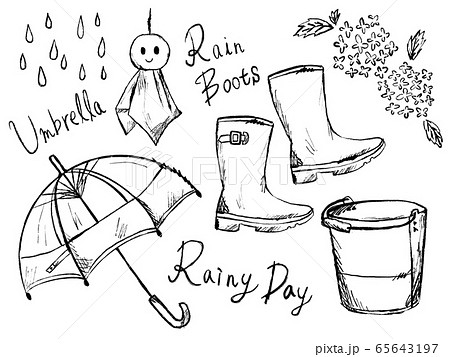 雨や梅雨の白黒手描きイラストイメージのイラスト素材