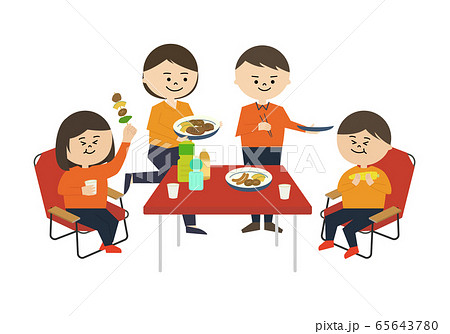 四人家族 アウトドア 食事 イラストのイラスト素材