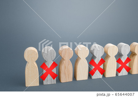 Line of people with red X. Loss of jobs and massive staff employees job cuts. Reducing staff to maintain business. Work layoffs due pandemic quarantine. Far-reaching consequences of crisis lockdown 65644007