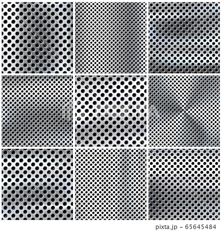 Realistic perforated brushed metal textures set. Polished stainless steel background. Vector Realistic perforated brushed metal textures set. Polished stainless steel background. Vector 65645484