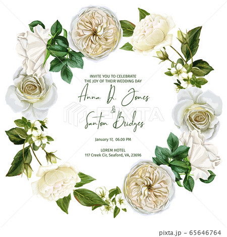 Watercolor wreath frame composed of white roses and leaves 65646764