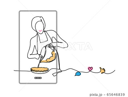 Baking, cooking vlog. Vector concept with girl,phone, like, thumb up, heart, comment. One continuous line drawing illustration of pie or cake baking 65646839