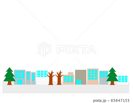 家やビル 木がある冬の街の様子の背景あるいはフレームのイラスト素材