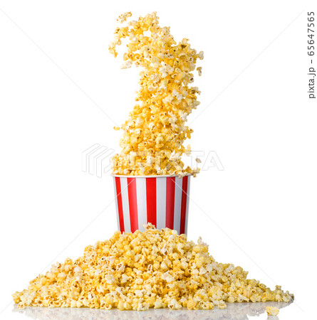Flying popcorn from paper striped bucket and 65647565