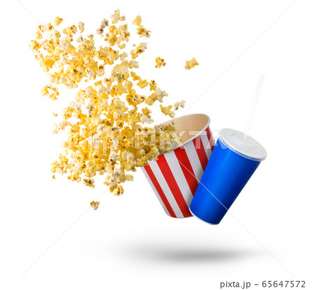 Paper striped bucket with popcorn and cup of soft Paper striped bucket with popcorn and cup of soft 65647572