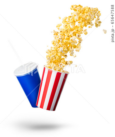 Paper striped bucket with popcorn and cup of soft Paper striped bucket with popcorn and cup of soft 65647588