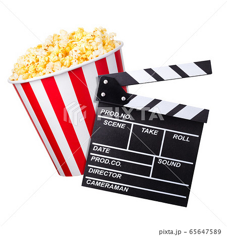 Flying popcorn and film clapper board isolated on Flying popcorn and film clapper board isolated on 65647589
