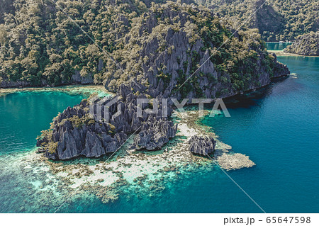 Aerial view of the Twin Lagoon in coron island, Palawan, Philippines 65647598