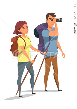 Camping, hiking flat vector illustration. Couple tourists cartoon characters standing isolated on white. People admiring scenery. Family active rest, summertime leisure concept. 65649945