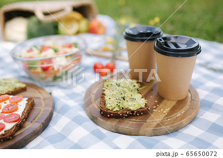 Coffee on vegan picnic. Fresh salad with vegan sanwich on blue checkered blanket in park Coffee on vegan picnic. Fresh salad with vegan sanwich on blue checkered blanket in park 65650072