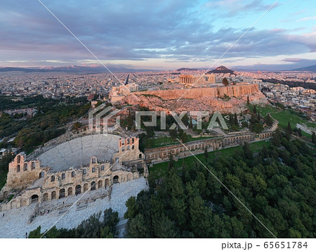 Aerial view of Acropolis of Athens, the Temple of Athena Nike, Parthenon, Hekatompedon Temple, Sanctuary of Zeus Polieus, Odeon of Herodes Atticus, Erechtheion at sunset Aerial view of Acropolis of Athens, the Temple of Athena Nike, Parthenon, Hekatompedon Temple, Sanctuary of Zeus Polieus, Odeon of Herodes Atticus, Erechtheion at sunset 65651784
