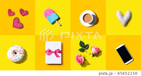 Appreciation theme with roses, smartphone, coffee, and gift box Appreciation theme with roses, smartphone, coffee, and gift box 65652150