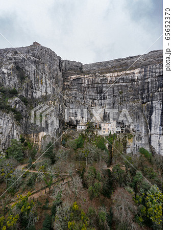 Aerial view of the Grotto of Maria Magdalena in France, Plan D'Aups, the massif St.Baum, holy fragrance, famous place among religious believers, the Monastery of Dominican Friars 65652370