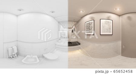 3D render spherical 360 degrees, seamless panorama interior of the toilet in a private cottage. T 65652458
