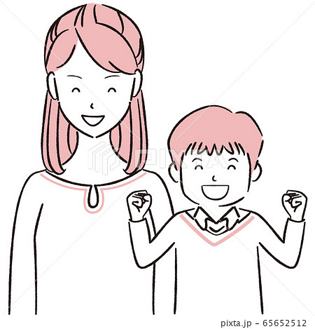 手描き1color 親子 母親とガッツポーズの息子のイラスト素材