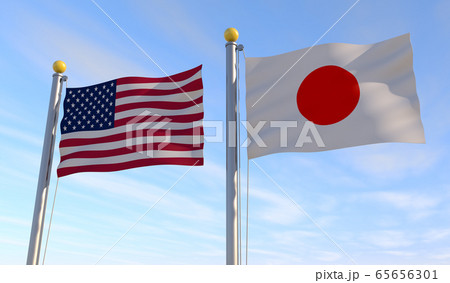 アメリカの国旗 日本の国旗 風になびく 3dイラストのイラスト素材