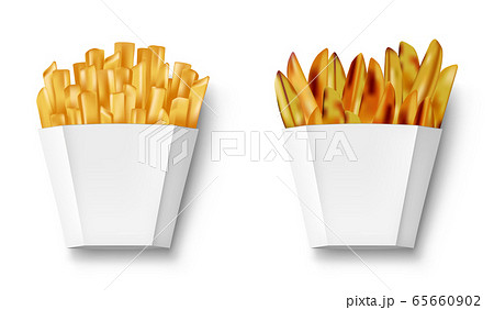 Potatoes French fries and potato wedges in paper box, isolated. Realistic white Package with fry french and wedges potato. Fast food banner. vector illustration Potatoes French fries and potato wedges in paper box, isolated. Realistic white Package with fry french and wedges potato. Fast food banner. vector illustration 65660902