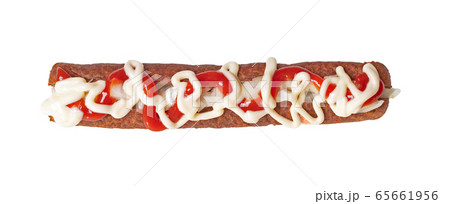 One frikadel with ketchup, mayonnaise on chopped 65661956