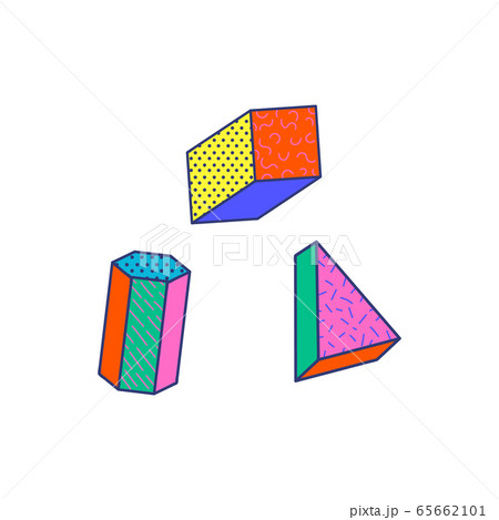 Colorful geometric shape set with 80s retro style patterns Colorful geometric shape set with 80s retro style patterns 65662101