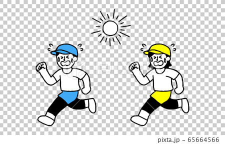 太陽の下汗を流しながら辛そうに走るランニングウェア着用男女 シンプル のイラスト素材