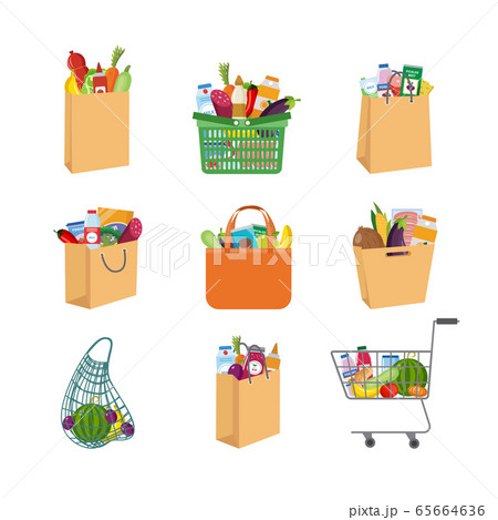 Icons set of shopping paper bags and carts flat vector illustration isolated. Icons set of shopping paper bags and carts flat vector illustration isolated. 65664636