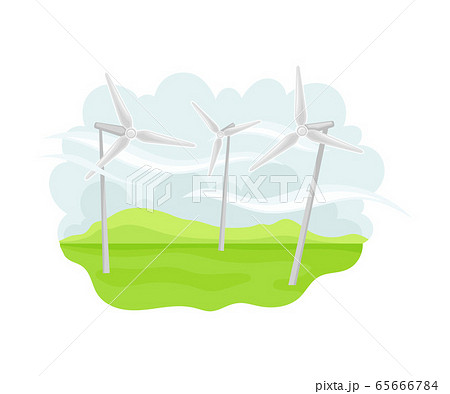 Wind-driven Generators on Green Field as Natural Resource for Mechanical Energy Production Vector Illustration 65666784