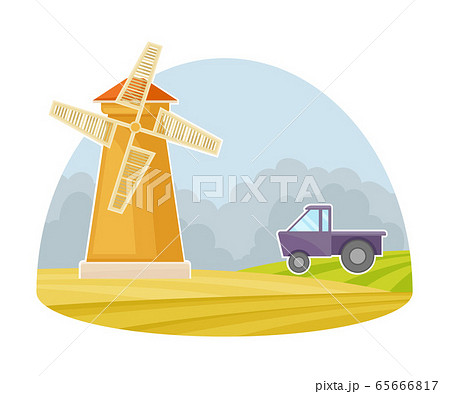 Windmill on the Field as Natural Resource and Agricultural Machine for Grinding Vector Illustration Windmill on the Field as Natural Resource and Agricultural Machine for Grinding Vector Illustration 65666817