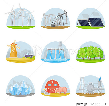Natural Resources with Natural Gas Extraction Plant and Domestic Livestock Breeding Vector Set Natural Resources with Natural Gas Extraction Plant and Domestic Livestock Breeding Vector Set 65666821
