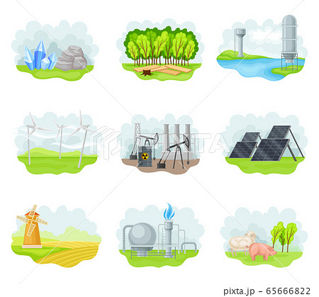 Natural Resources with Natural Gas Extraction Plant and Domestic Livestock Breeding Vector Set Natural Resources with Natural Gas Extraction Plant and Domestic Livestock Breeding Vector Set 65666822