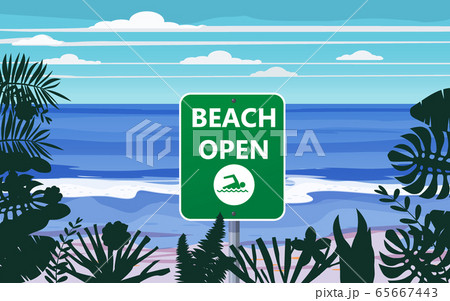 Summer beach banner Open. Seascape ocean shore tropical flora palms. Opening season vacation. Vector illustration isolated Summer beach banner Open. Seascape ocean shore tropical flora palms. Opening season vacation. Vector illustration isolated 65667443