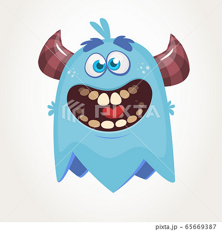Cute cartoon monster with horns laughing. Smiling Cute cartoon monster with horns laughing. Smiling 65669387