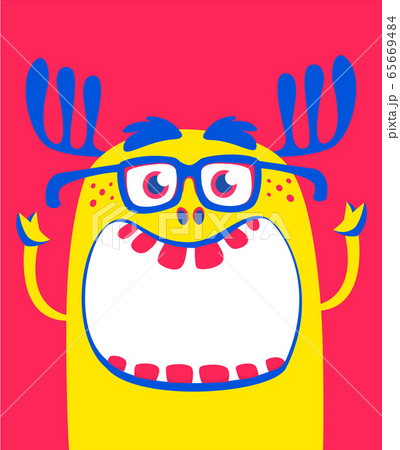 Angry orange cartoon monster with horns. Big collection of cute monsters.  65669484