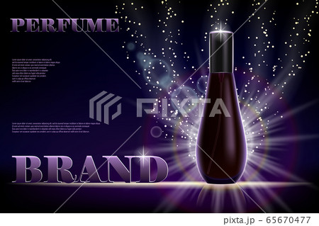 Cosmetic products ad. Perfume bottle container on dark shiny background for your brand. Transparent and shine perfume Vector 3d illustration Cosmetic products ad. Perfume bottle container on dark shiny background for your brand. Transparent and shine perfume Vector 3d illustration 65670477