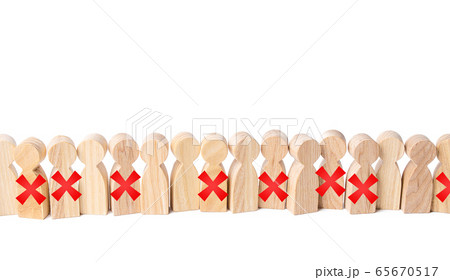 Line of people with red X. Loss of jobs and massive staff employees job cuts. Reducing staff to maintain business. Far-reaching consequences of crisis lockdown. Work layoffs due pandemic quarantine. 65670517