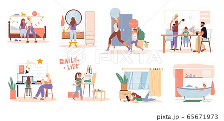 Family children daily routine activities scene set 65671973