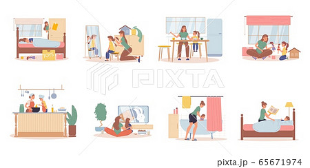 Mother daughter daily life activities scene set 65671974