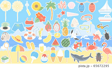 白フチ付きの夏のイラストセット 65672295
