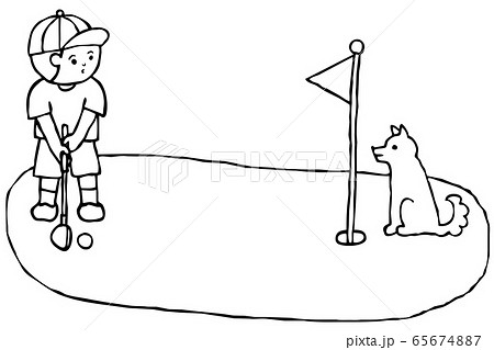 ゴルフをしている少年と犬 モノクロのイラスト素材