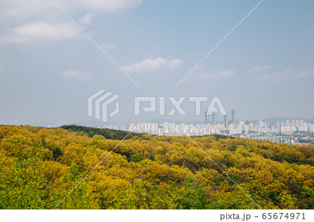 Doksanseong Fortress mountain and Hwaseong Dongtan new town panorama view in Osan, Korea 65674971