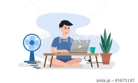 Working at home vector, man working with laptop on low table. work from home concept. 65675197