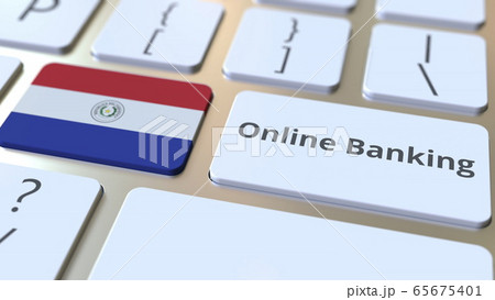 Online Banking text and flag of Paraguay on the keyboard. Internet finance related conceptual 3D rendering 65675401