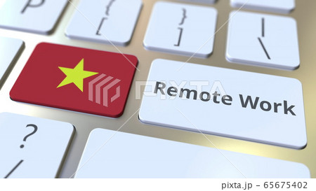 Remote Work text and flag of Vietnam on the computer keyboard. Telecommuting or telework related conceptual 3D rendering 65675402