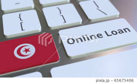 Online Loan text and flag of Tunisia on the keyboard. Modern credit related conceptual 3D rendering 65675406