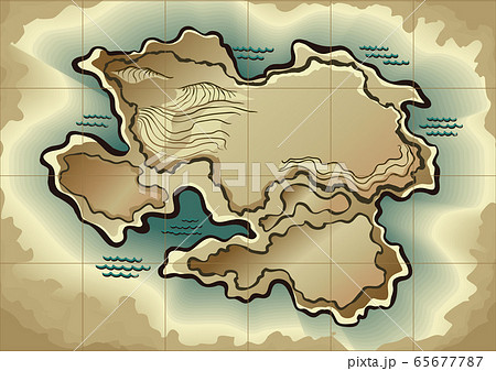 Cartoon island map template for next level game. Pirate map with old fantasy creatures, treasure island. Hand drawn vector illustration, vintage background Cartoon island map template for next level game. Pirate map with old fantasy creatures, treasure island. Hand drawn vector illustration, vintage background 65677787