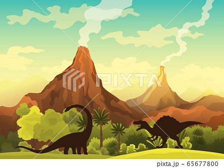 Prehistoric Landscape Volcano With Smoke Stock Illustration