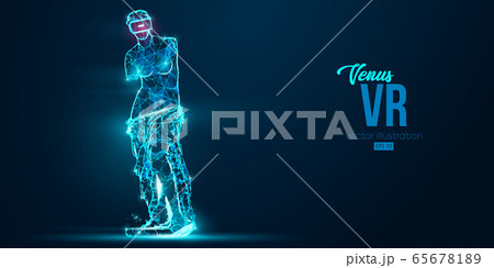 VR headset holographic low poly wireframe banner. Abstract silhouette of the polygonal statue of Venus, woman wearing virtual reality glasses. VR games. Particles on blue background, vector neon 65678189