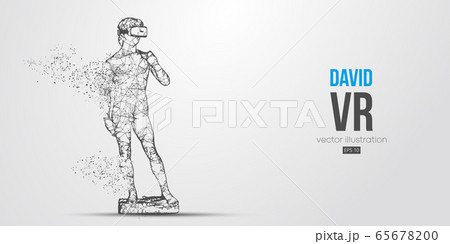 VR headset holographic low poly wireframe banner. Abstract silhouette of the polygonal statue of David, man wearing virtual reality glasses. VR games. Particles, lines on white background, vector 65678200