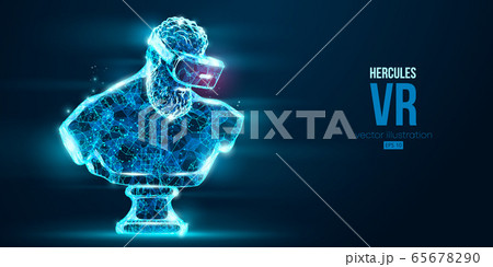 VR headset holographic low poly wireframe banner. Abstract silhouette of the polygonal statue of Hercules, man wearing virtual reality glasses. VR games. Particles on blue background, vector neon 65678290