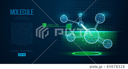 Abstract silhouette of the polygonal molecule on blue background. Scanning, research, study of the molecular world. Holographic low poly, wireframe vector. Thanks for watching 65678328