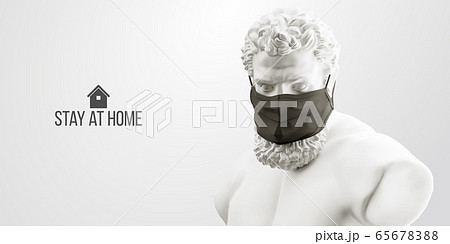 Novel coronavirus COVID-2019. White statue of Hercules symbolizes masked man on a white background. Virus 2019-nCoV logo. Stay at home challenge. Medical mask and virus protection. Vector illustration 65678388